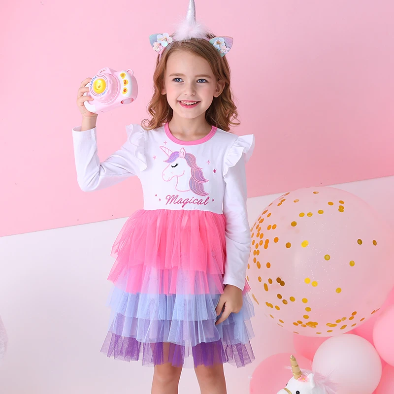 Girls Unicorn Winter Dresses Christmas Party Princess Patchwork Flying Sleeve Dress