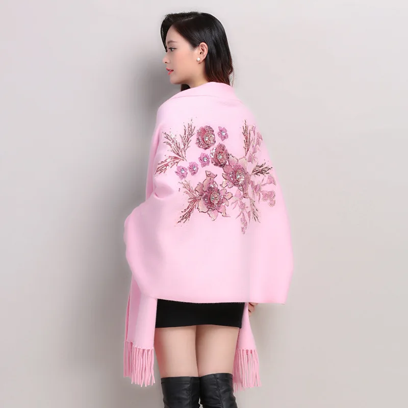 Япония Корея наружная уличная одежда вышитый цветок шарф с бисером зима роскошное бархатное пончо Женская Длинная накидка с рукавами