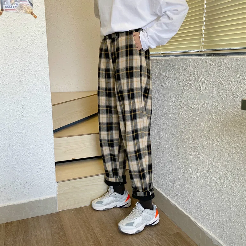 Woherb Harajuku клетчатые брюки женские с высокой талией прямые широкие брюки женские винтажные Свободные Толстые корейские модные новые 91346