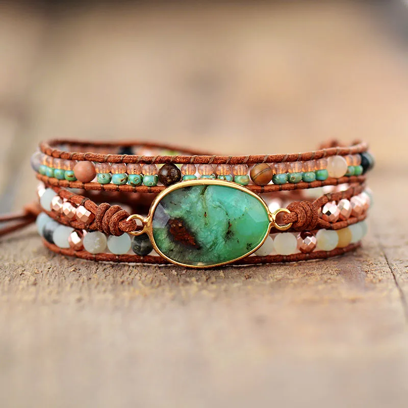 Luxury Leather Wrap Bracelet W/ Matte Stones Beads Weaving Statement Boho Bracelet Femme Homme Jewelry Wholesale