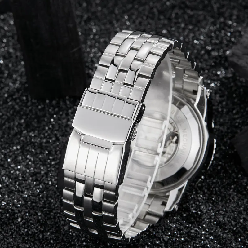 High Quality Luxury Silver Gold Automatic Mechanical Watch Men Full Steel Skeleton Wristwatch Male Big Dial relogio masculino