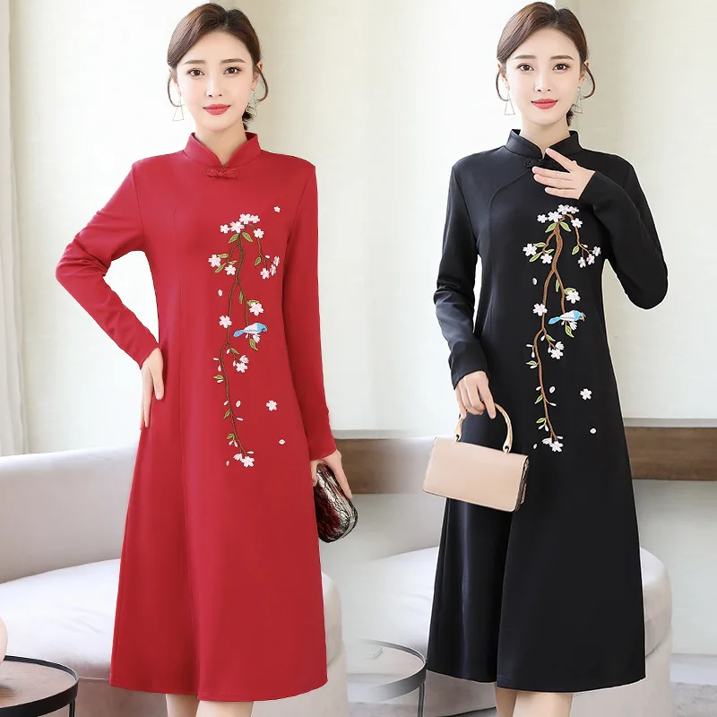 

Embroidered Cheongsam Improved Version Jersey Dress Women's Mom Mid-length Retro Frog Chinese Style Autumn Clothing Full Body Dr