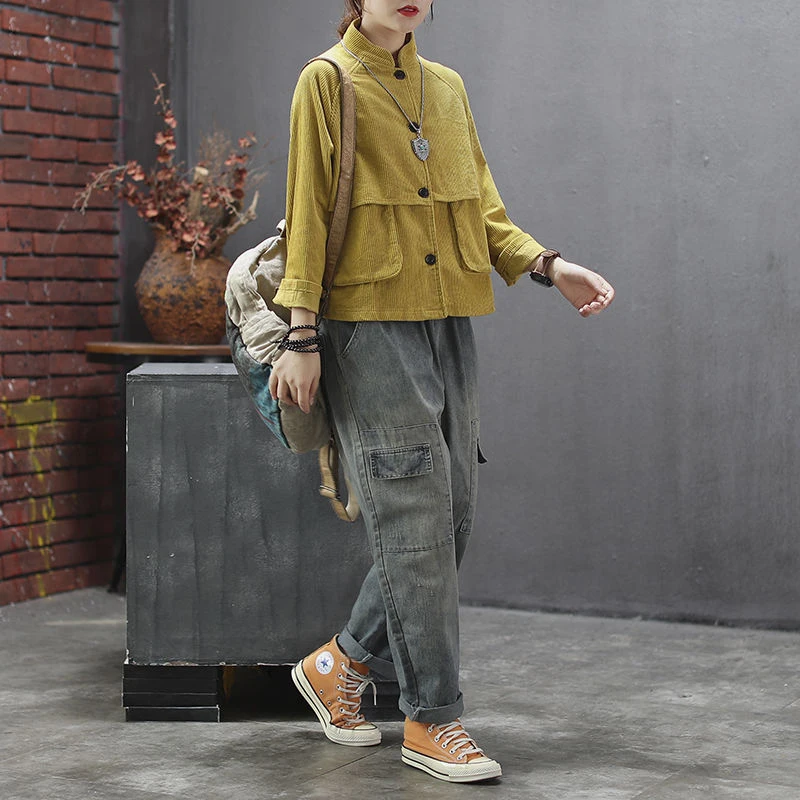 Kaufen Neue Ankunft Herbst Kunst Stil Frauen Stehen Kragen Langarm Jacken Doppel Tasche Lose Cord Vintage Casual Mäntel D410