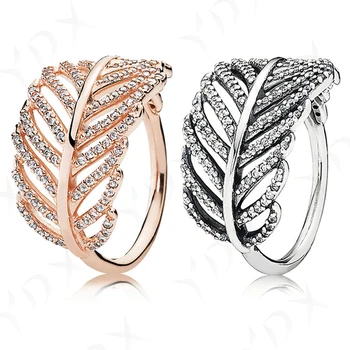 

YinDX 925 Sterling Silver Ring Shiny Feather Leaves Hollow Weaving Charm European Women's Wedding Ring Gift Fine Jewelry