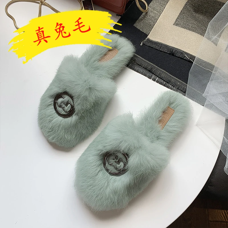 

Autumn and winter women wear pregnant non-slip half drag versatile soft bottom flat bottom real rabbit hair mueller shoes