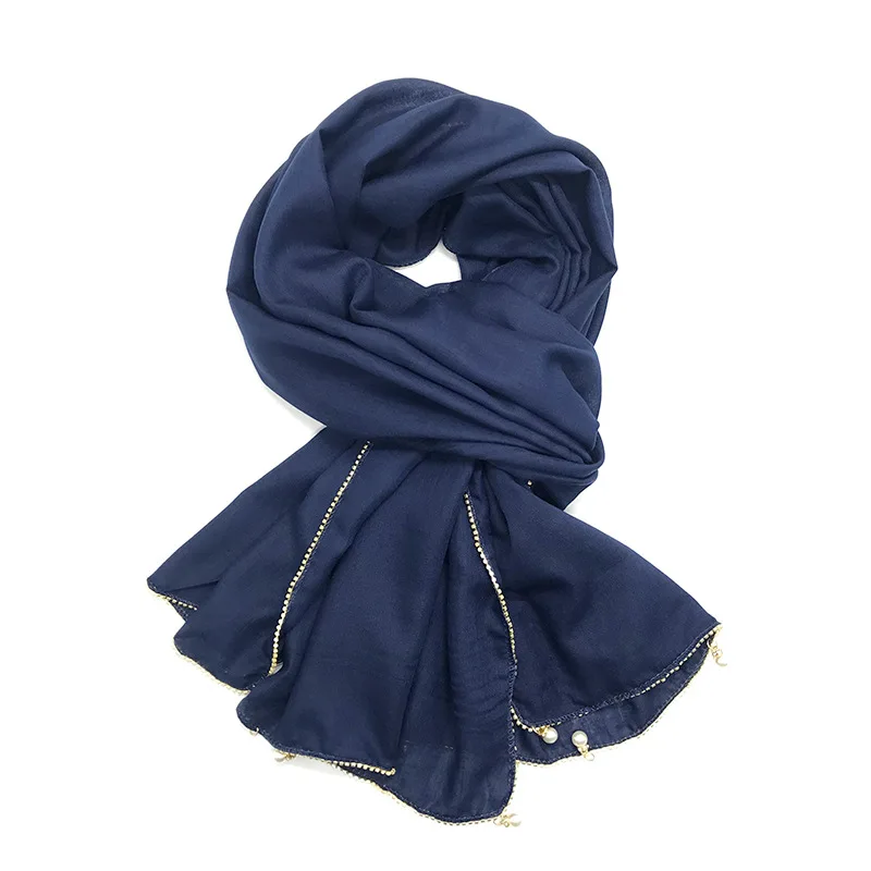 

Fashion Plain solid shawls Muslim basic long hijab Viscose Women soft scarf crystal chain edges bandana Foulard hijab pearls