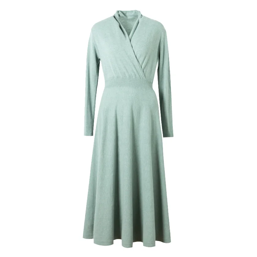 Light Green Женское вязаное платье шерсть Империя Длинные зимние платья сплошное платье с высокой талией осень зима платья Новые - Цвет: Light Green