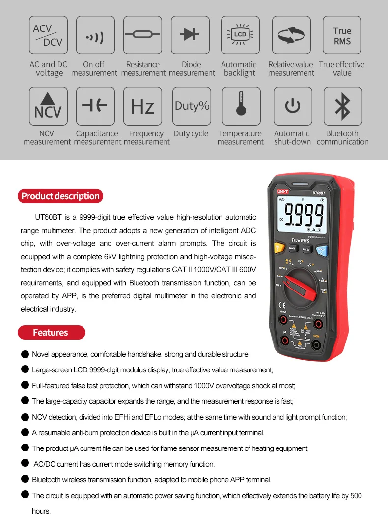 UNI-T Digital Smart Multimeter UT60S UT60BT 1000V AC DC Voltmeter Ammeter True RMS Capacitor Temperature Tester multimeter optical spectrum analyzer