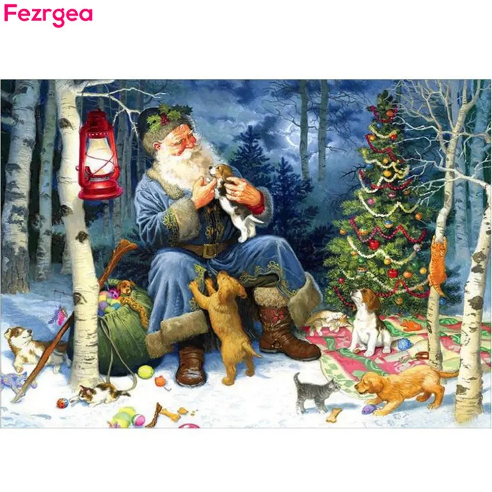 Fezrgea DIY 5D алмазов картина Полный Круглый/площадь дрель Рождество Синий Санта