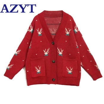 

AZYT Winter Thicken Knit Cardigan Female Tops 2020 New Cartoon print V Neck Knit Sweater Jacket Women Single-Breasted Knitshirt