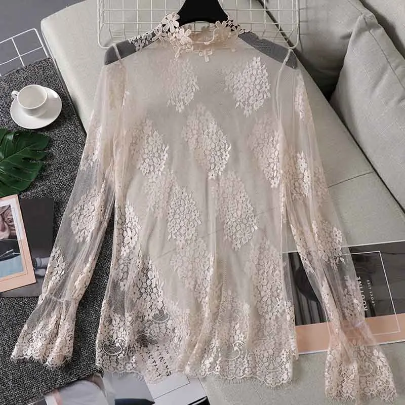 Womens Long Flare Sleeve Sheer Mesh Blouse Hollow Out Embroidered Floral Lace Shirt Swimsuit Cover Up Ruffle Neck Solid Color - Цвет: Shrimp Color