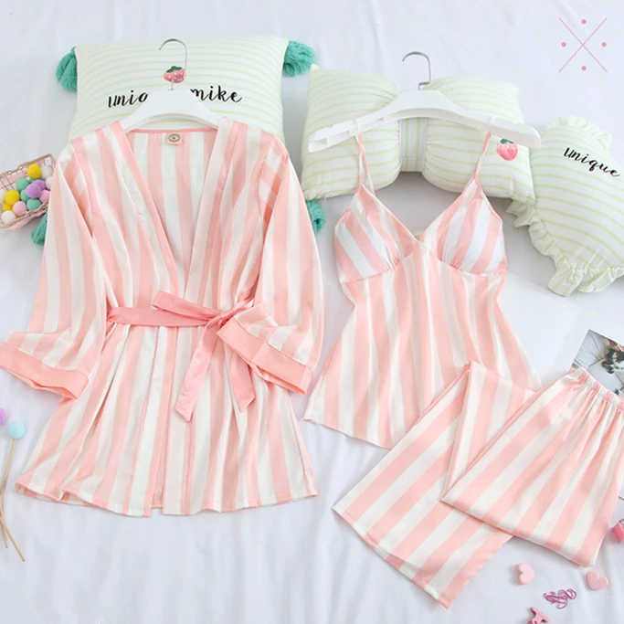 

Silka Surplus Women pajamas Set Sexy Silk sleepwear for women Robes babydolls Pink Striped pyjama Autumn Winter Home Wear 3 pcs