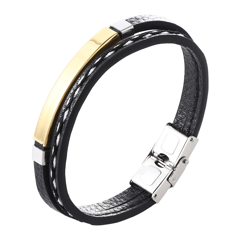 Engraved Name Genuine Leather Bracelet Double Layer Design Black Golden Stainless Steel for Men Punk Jewelry Gift Free Shipping - Image 3