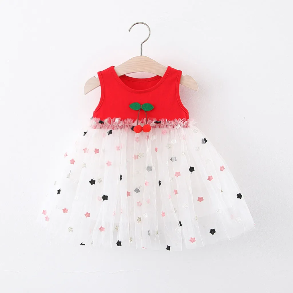 

Infant Baby Girls Princess Tulle Dresses Kids Girls Cherry Star Embroidery Patchwork Mesh Tutu Dresses Sleeveless Party Dress