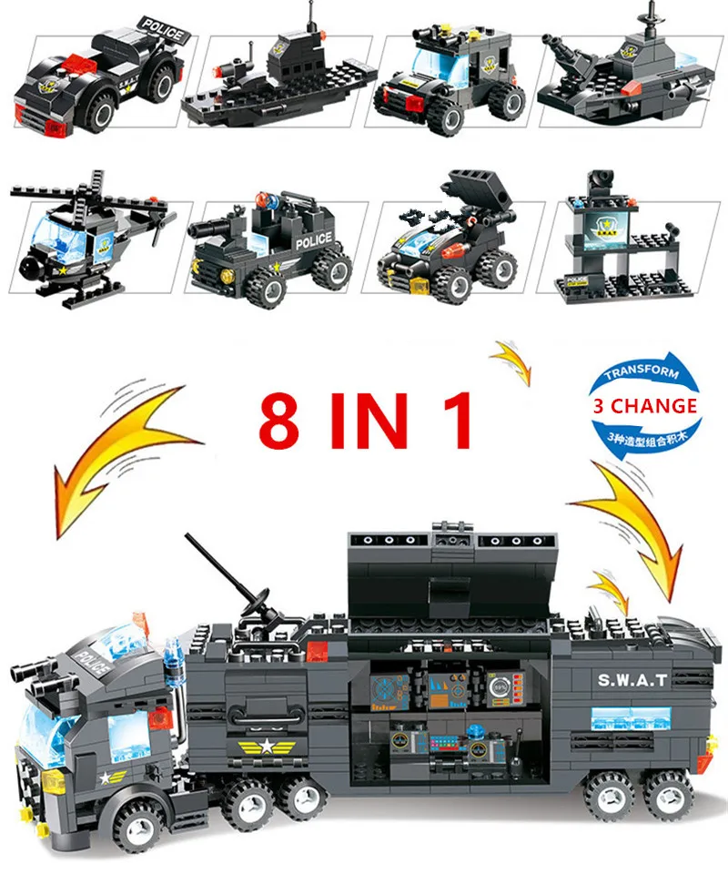 8Pcs lot City Police SWAT Truck Car Building Blocks Sets LegoINGLs Technic Playmobil Kids Friends DIY 3