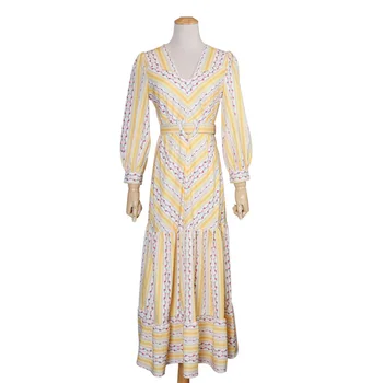 

Hot Sale Colorful Stripe Print Women Dress Fashion V-Neck Ruffles Dresses