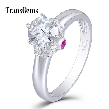 

Transgems 14K 585 White Gold 1ct 6.5mm F Color Moissanite Engagement Ring With Moissanite and Ruby Accents Anniversary Gift
