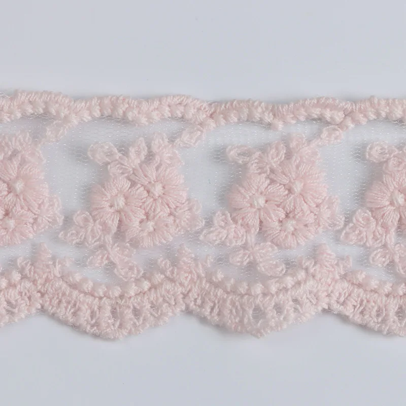 yardas de algodón rosa de piel, hilo bordado, adorno de encaje