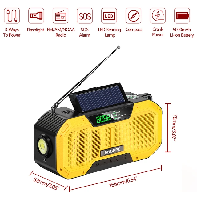 ABBREE Waterproof Emergency Radio Auto Scan AM/FM Charge by Solar Power Hand Crank USB charger Power Bank for Cellphone 2