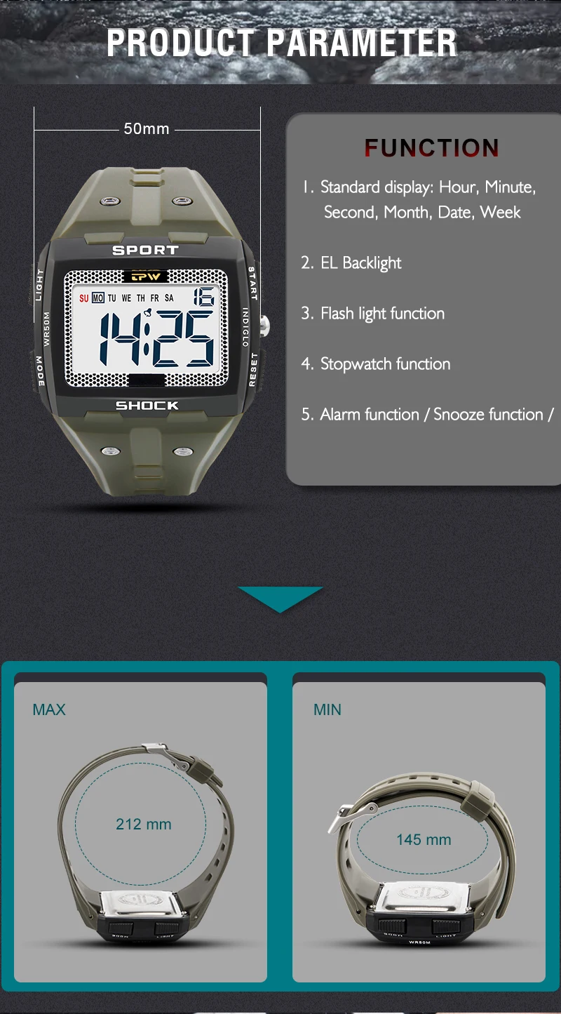 2022 New Big Number Men Watch Multifunction Alarm Clock 5ATM Waterproof Camouflage Sports Digital Wristwatches Relogio Masculino