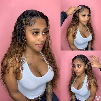 

Black Highlight Wig Wavy Curly 100% Human Hair Wigs Lace Front Pre Plucked Transparent Lace For Black Women With Baby Hair