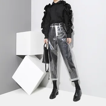 

Korean Style Women Transparent PU Pencil Pants Calf Length Girls Stylish See-Through Unique Wear Casual Pants Trousers