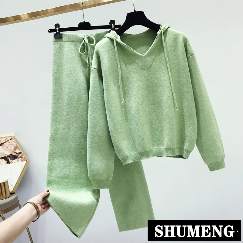 

2019 New Autumn and Winter Women Sweater Suit Pure Color Female Long Sleeve Pullover Sweater with Hood + Knitted Straight Pants