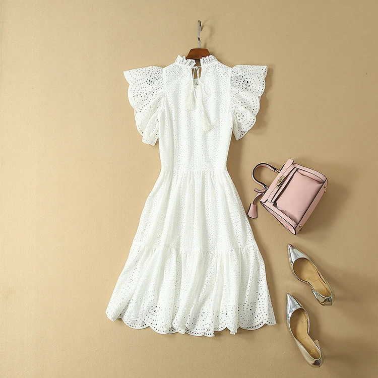 HIGH QUALITY Newest Runway Dress Women's Butterfly Sleeve Hollow Out Embroidery Cotton Dress