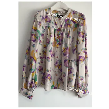 

100% Silk Women Floral Blouse O-neck Single-breasted Loose Puff Sleeve Female Pleated Shirt And Top Casuall Clothes