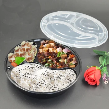 

50pcs Disposable round lunch box with three grids/1500ml(black)