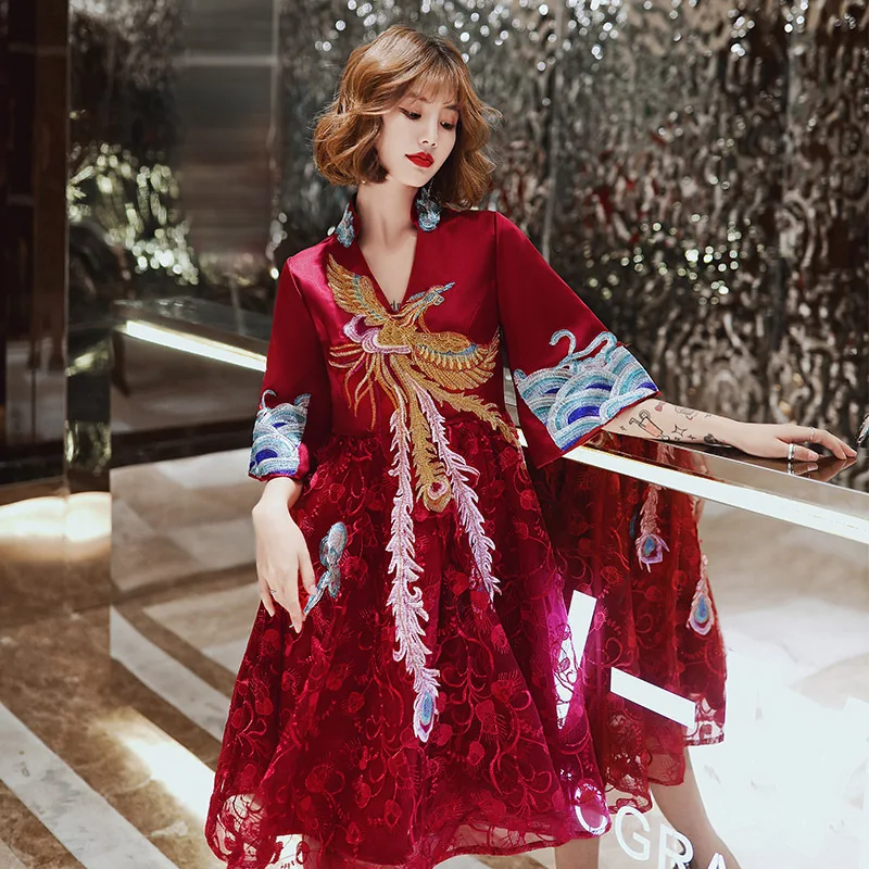 

Burgundy Embroidery Phoenix Female 2020 Fashion Stage Show Performance Dress Woman Spring Summer Sexy Beach Maxi Mesh Dresses
