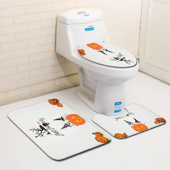 

Halloween Party Toilet Seat Cover Shower WC Rug Mat Pumpkin Lantern Printed Anti slip Flannel White Bath Mat Set for Bathroom