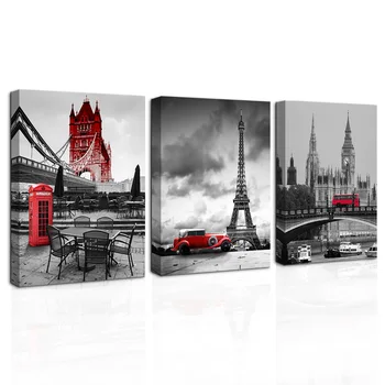 

3 Pieces Canvas Paintings Wall Decor Black and Red Poster Famous City Buildings Painting Modern Style Living Room Decoration