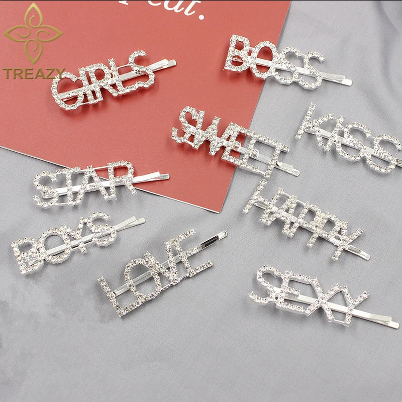 

TREAZY Bling Rhinestones Letter Hairpins Headwear for Women Girls Hair Clips Barrette Hair Pins Prom Wedding Hair Accessories