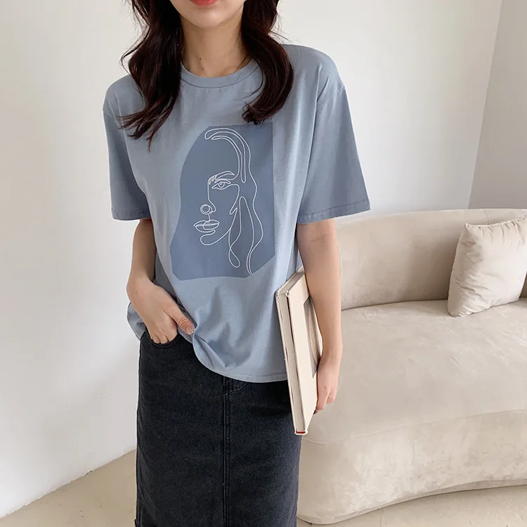 Abstract Print T-shirt Female Short Sleeve 2020 Summer New O-Neck Korean Women's Casual Tops Tees Harajuku