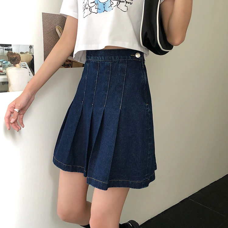 

Japan Harajuku Denim Skirt Women Summer Pleated Skirt Fashion High Waist Leisure Retro Skirt Female Streetwear