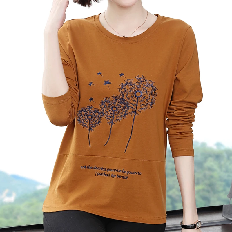 

Spring Embroidery T Shirt Cotton Top 2022 Women T-Shirt Casual Long Sleeve Tees Woman Clothes Tee Shirt Femme Camisetas De Mujer