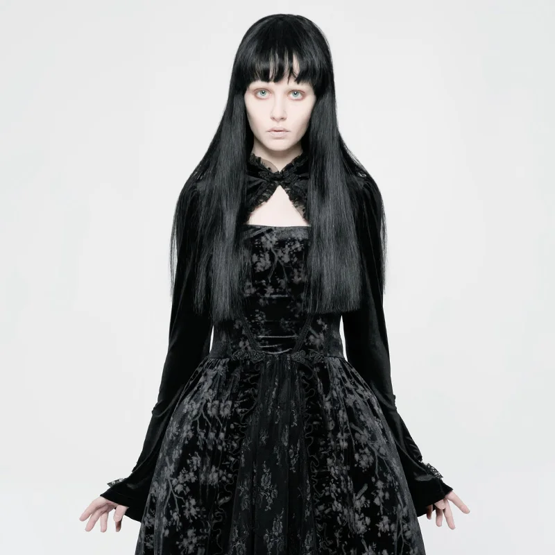 

PUNK RAVE Women's Lolita Short Coat Velvet Lace Lotus Leaf Hollow Out Sexy Party Evening Long Sleeve Jackets
