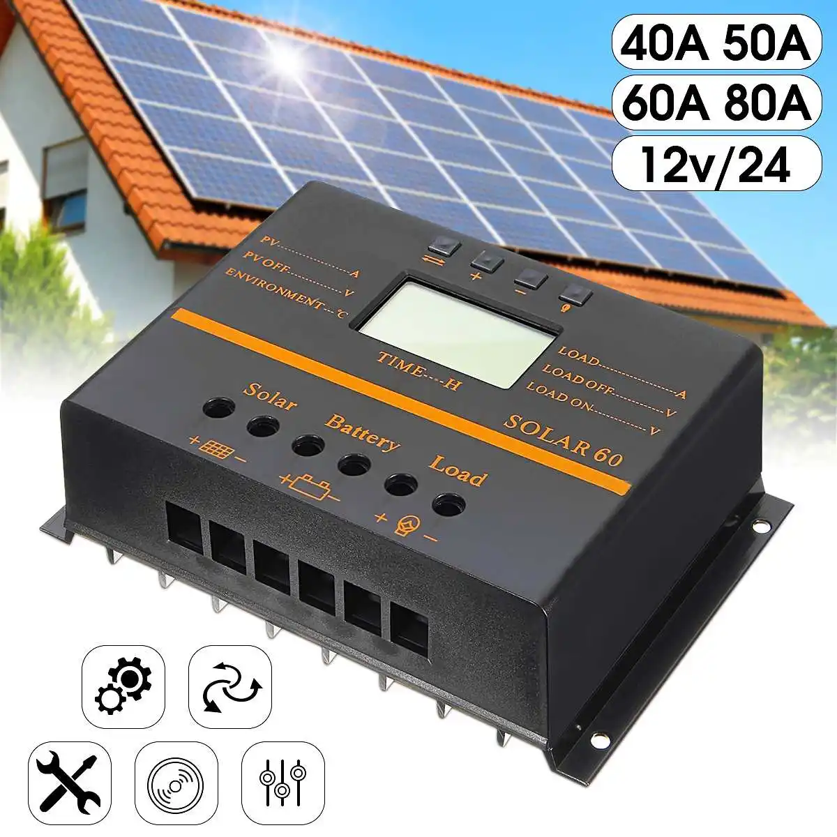 

12V/24V Solar Controllers Charge Battery Auto LCD Display PWM Regulator USB 40A/50A/60A/80A Overload Protection Automatic