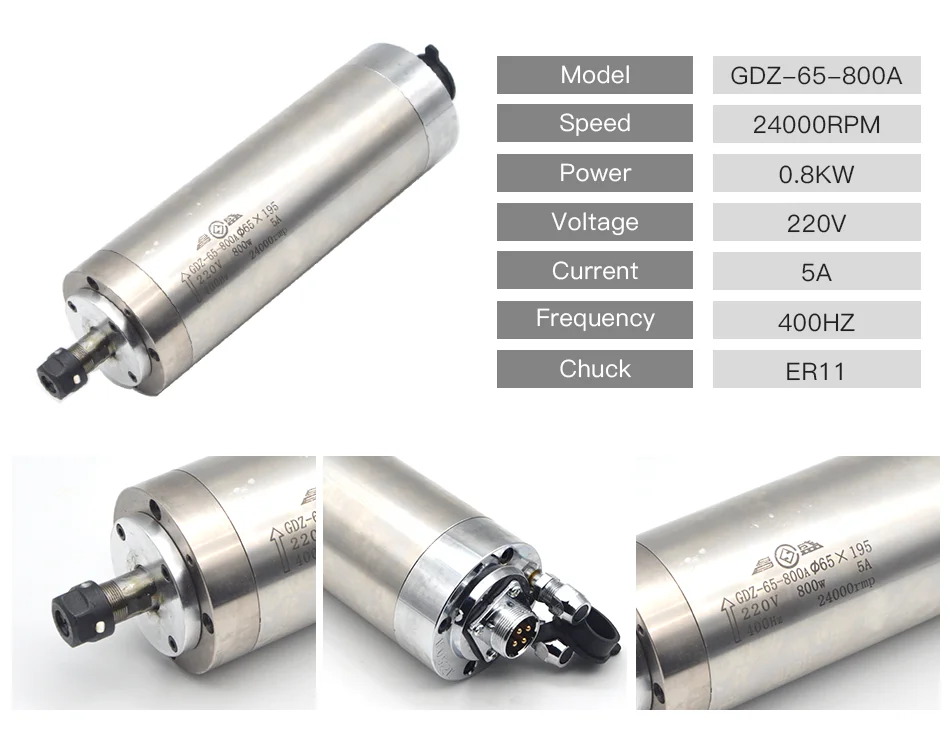 Водяное охлаждение шпинделя GDZ-65-800A 800W 220V 5A ER11 Длина 195 мм Dia.65mm