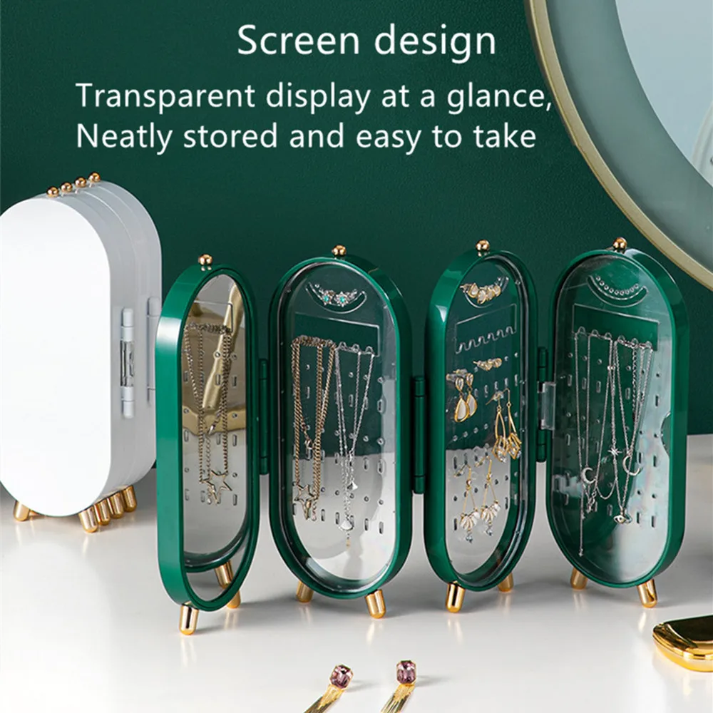 Jewelry desktop storage box ring necklace earrings dustproof finishing bag portable with makeup mirror folding screen cosmetic
