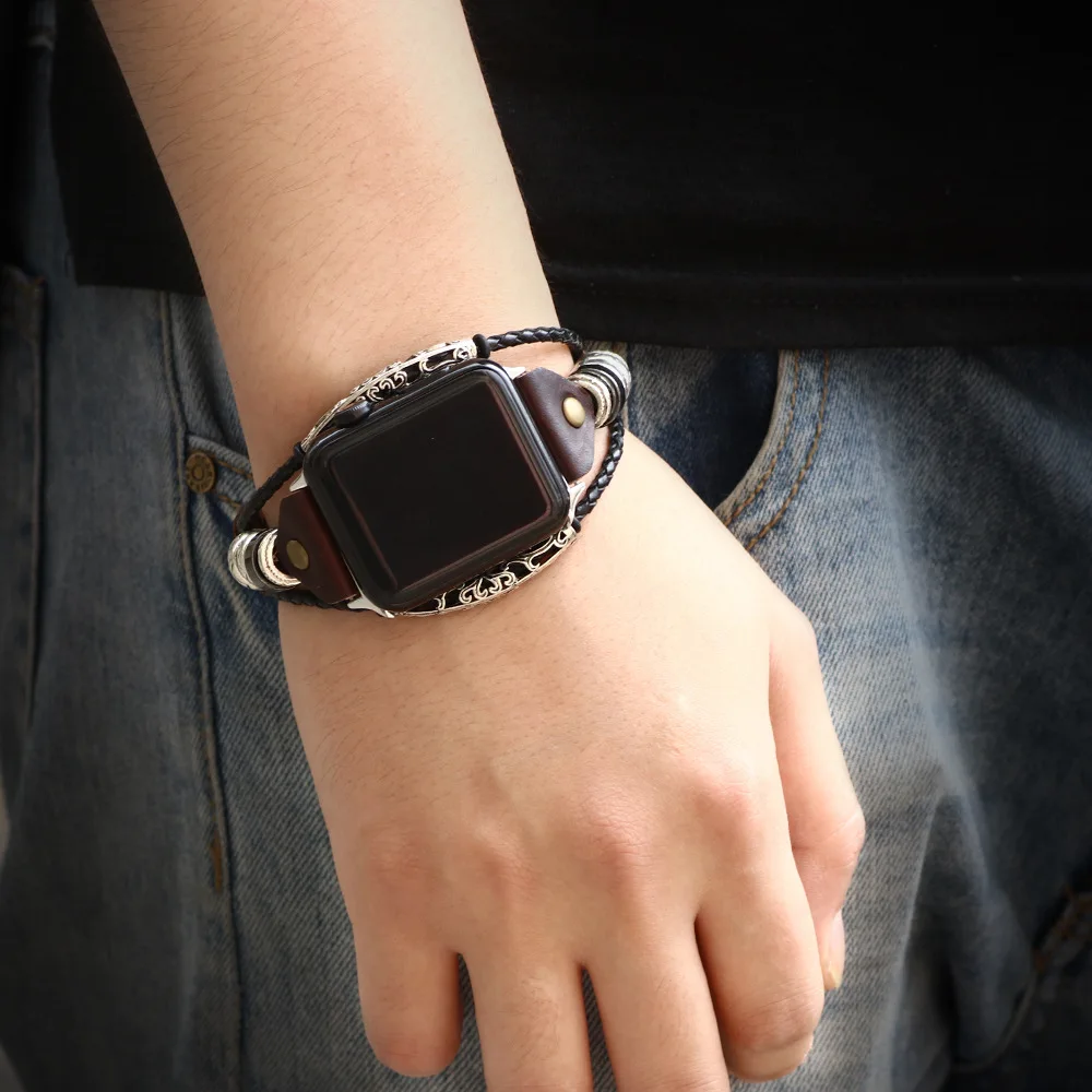 Кожаный плетеный браслет для apple watch 42 мм 44 модный из нержавеющей стали ремешок