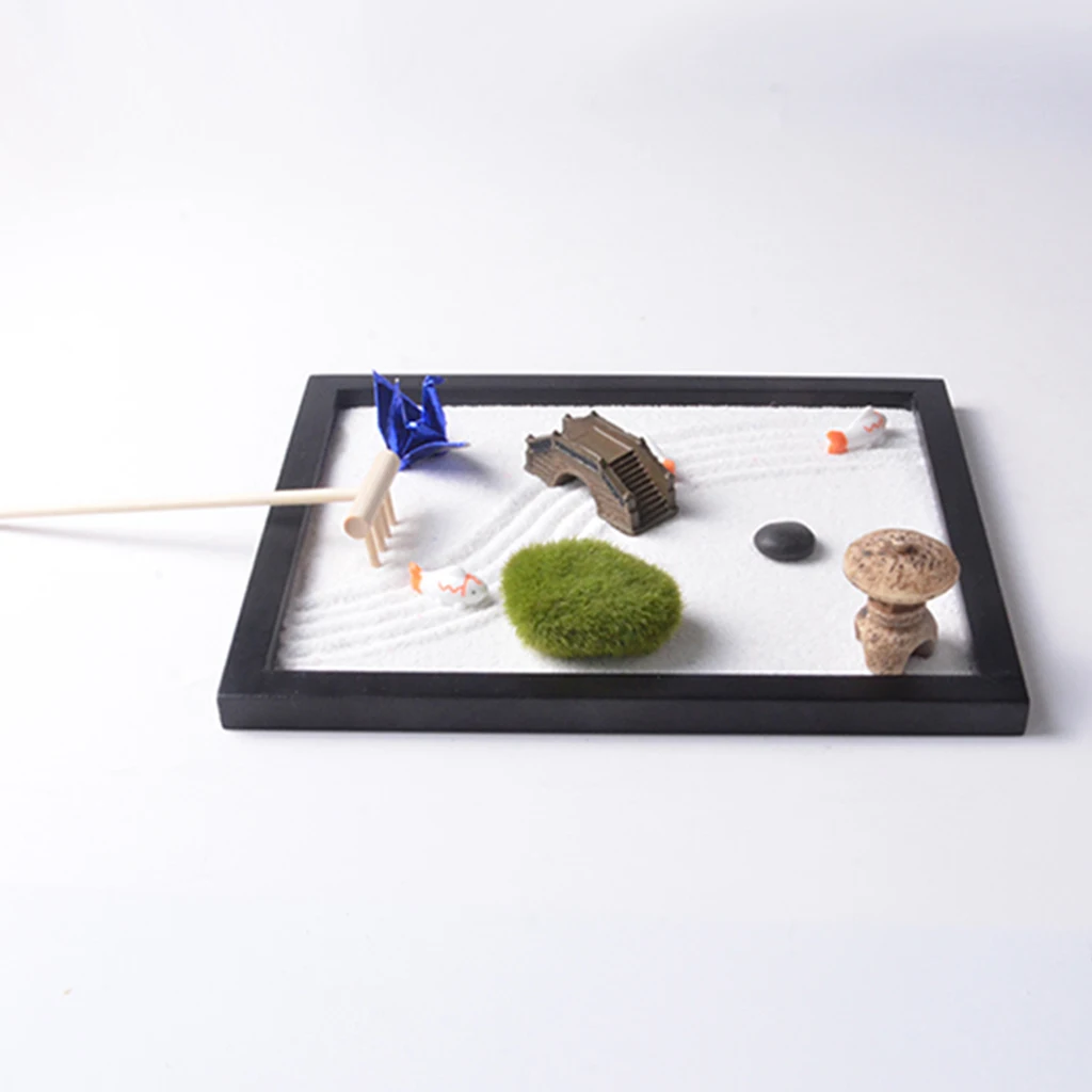Zen Garden Set-Sand, Bridge, Chair, Paper Crane, Sand Tray Micro Landscape