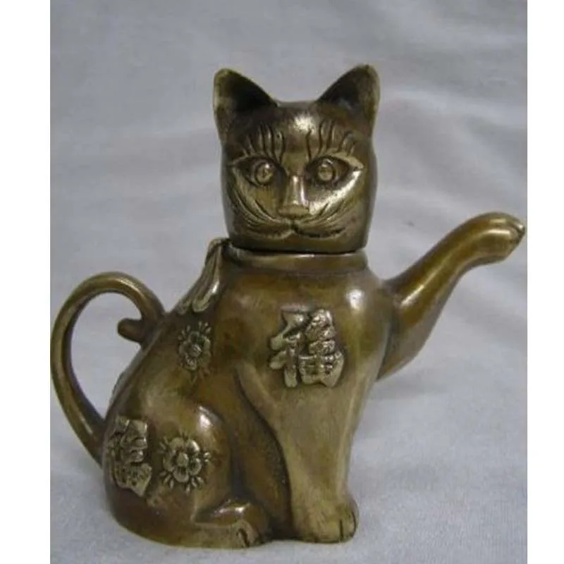 Asian Chinese Copper lucky words carved Cat Teapot free shipping | Дом и сад