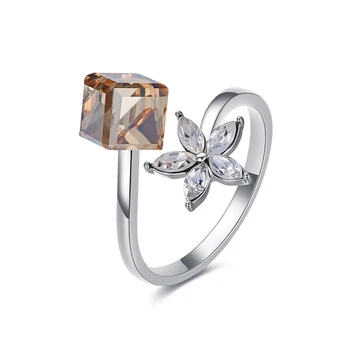 

Embellished with Crystal from Swarovski Simple Opening Cube Crystal Flower Ring Anillos Mujer Ajustable Size Ring Romantic Gifts