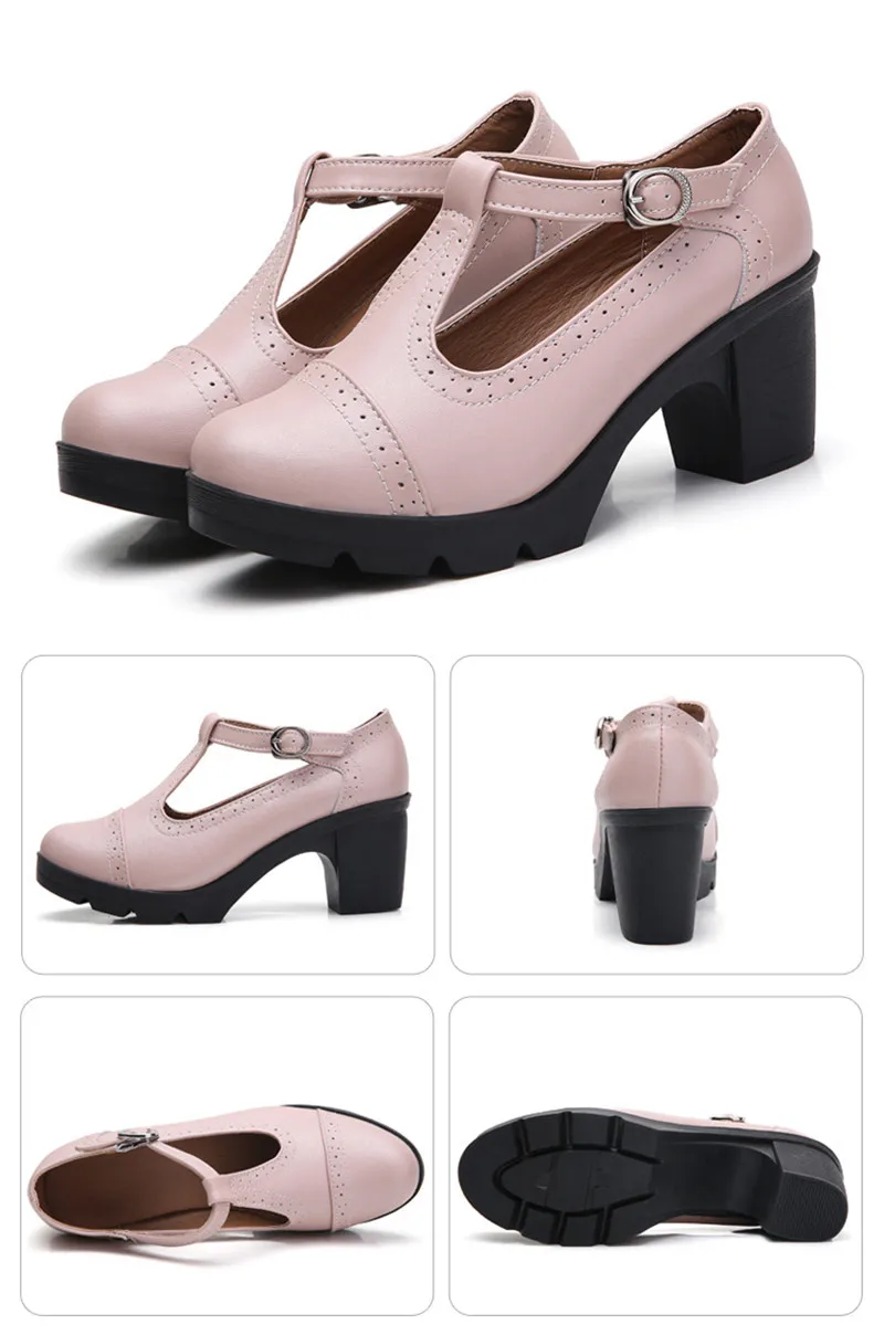 Size 34-43 Pumps Women's Shoes Buckle T-Strap Leather Oxfords Shoes Mary Jane Retro Mid-Heel Ladies Platform Single Pumps Shoes (2)