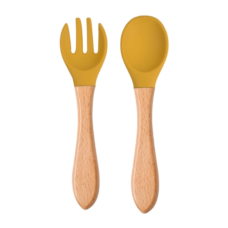 baby butt lift brush 2Pcs Silicone Tips Baby Feeding Training Spoon and Fork Set with Wooden Handle Toddlers Infant Eat Independent Accessory baby butt lift brush Feeding