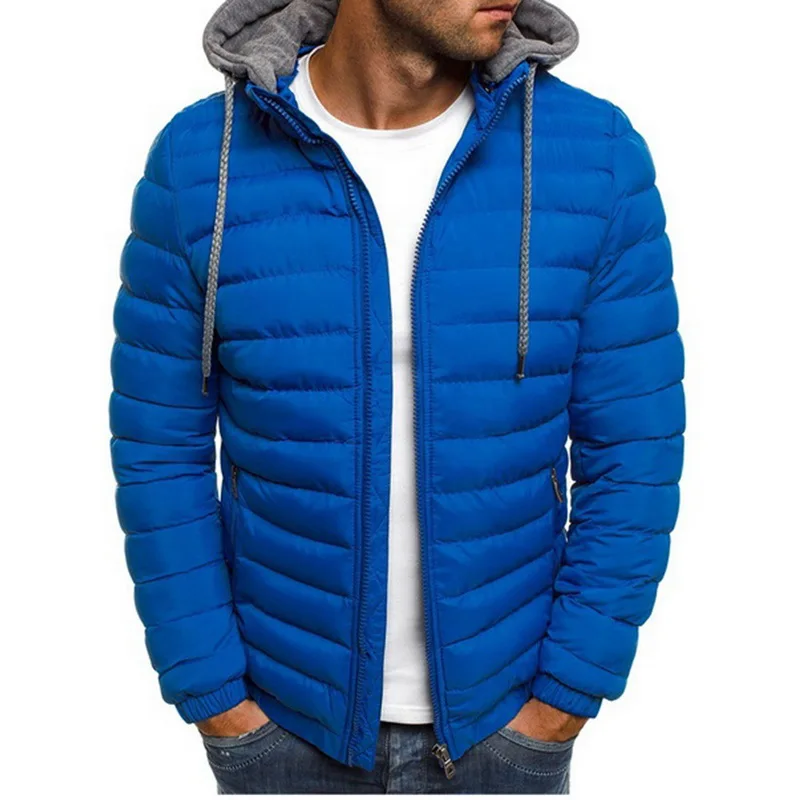 Sfit Mens Fashion Winter Hooded Jackets Coat Padded Thicken Warm Lightweight Parkas New Males Solid Color Windproof Jackets - Color: Blue