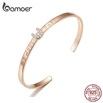 

bamoer GXB169 925 Sterling Silver Bracelet Rose Golden Love Promise Bangle I Love U Trendy Fine Jewelry Gift For Girlfriend