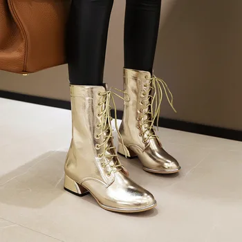 

INS hot women mid-calf boots plus size 22-28cm length Metallic foreign trade roman booties autumn and winter woman shoes